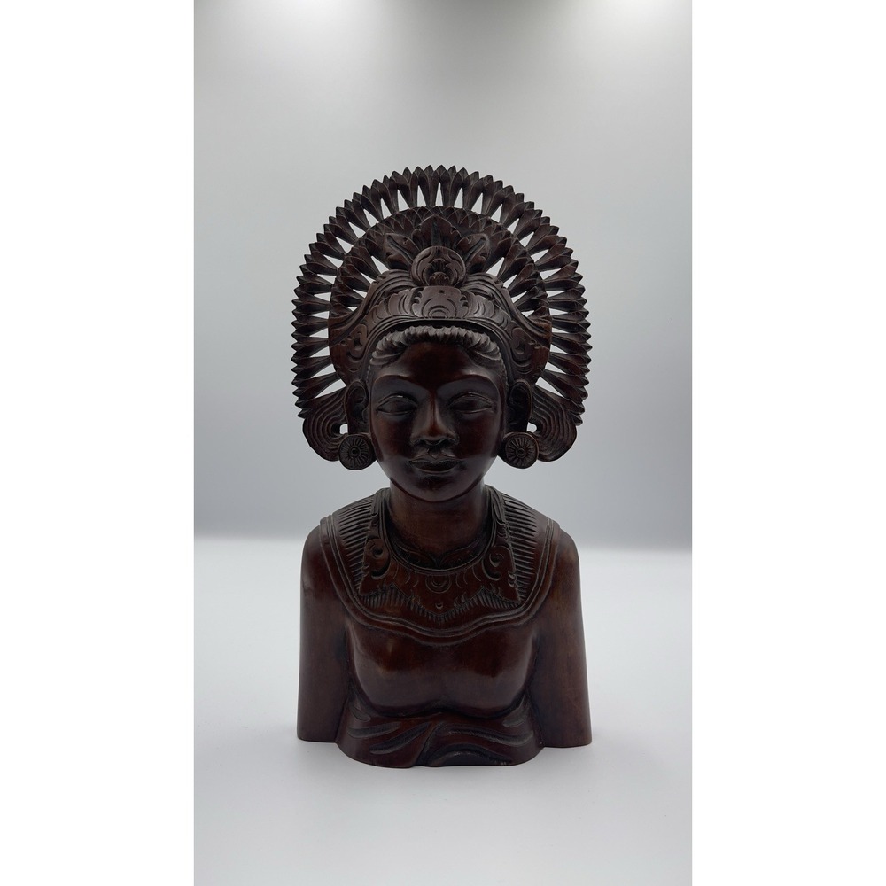 Vintage Balinese Hand Carved Hardwood Bust Woman Dancer Statue Mid Century Bali